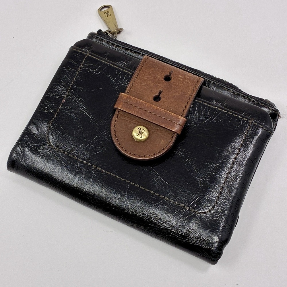 HOBO International Black Leather Wallet Bi-fold Buckle Snap Closure Glossy